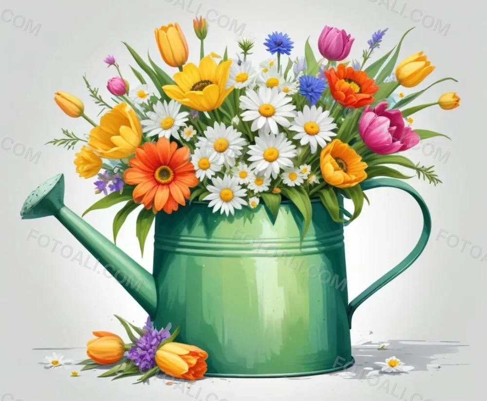 A Green Watering Can With A Floral Pattern Filled With Colorful Flowers And Leaves 8 3d2e