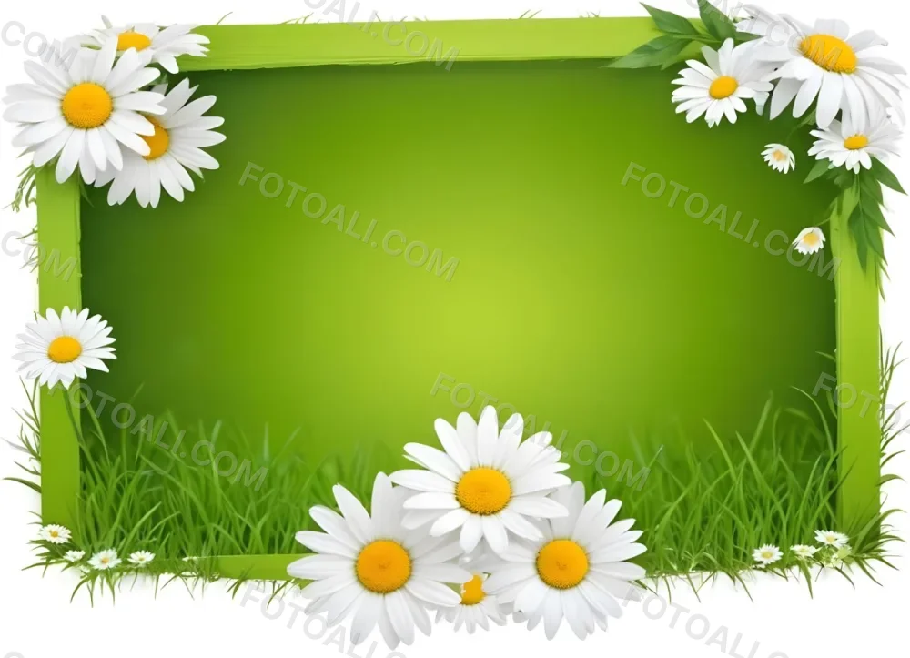 A Green Wooden Frame In A Field Of White Daisy Flowers On A Grassy Background 4 A7ea