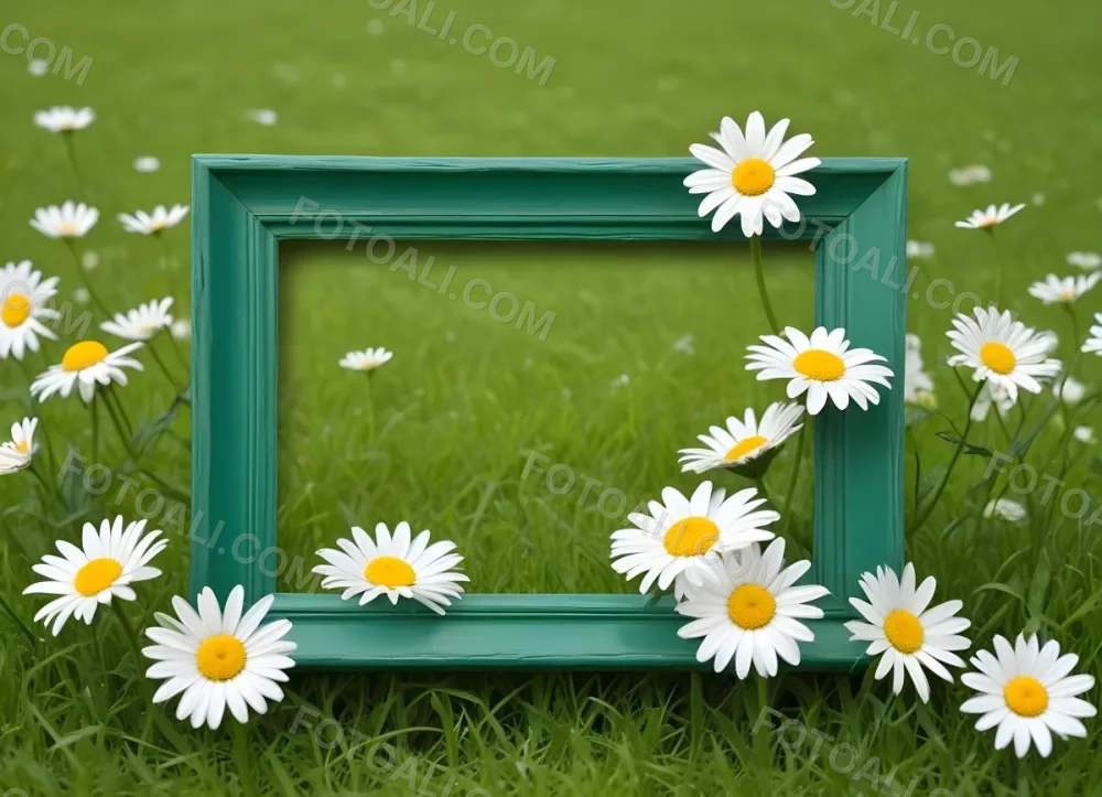 A Green Wooden Frame In A Field Of White Daisy Flowers On A Grassy Background 5 2083