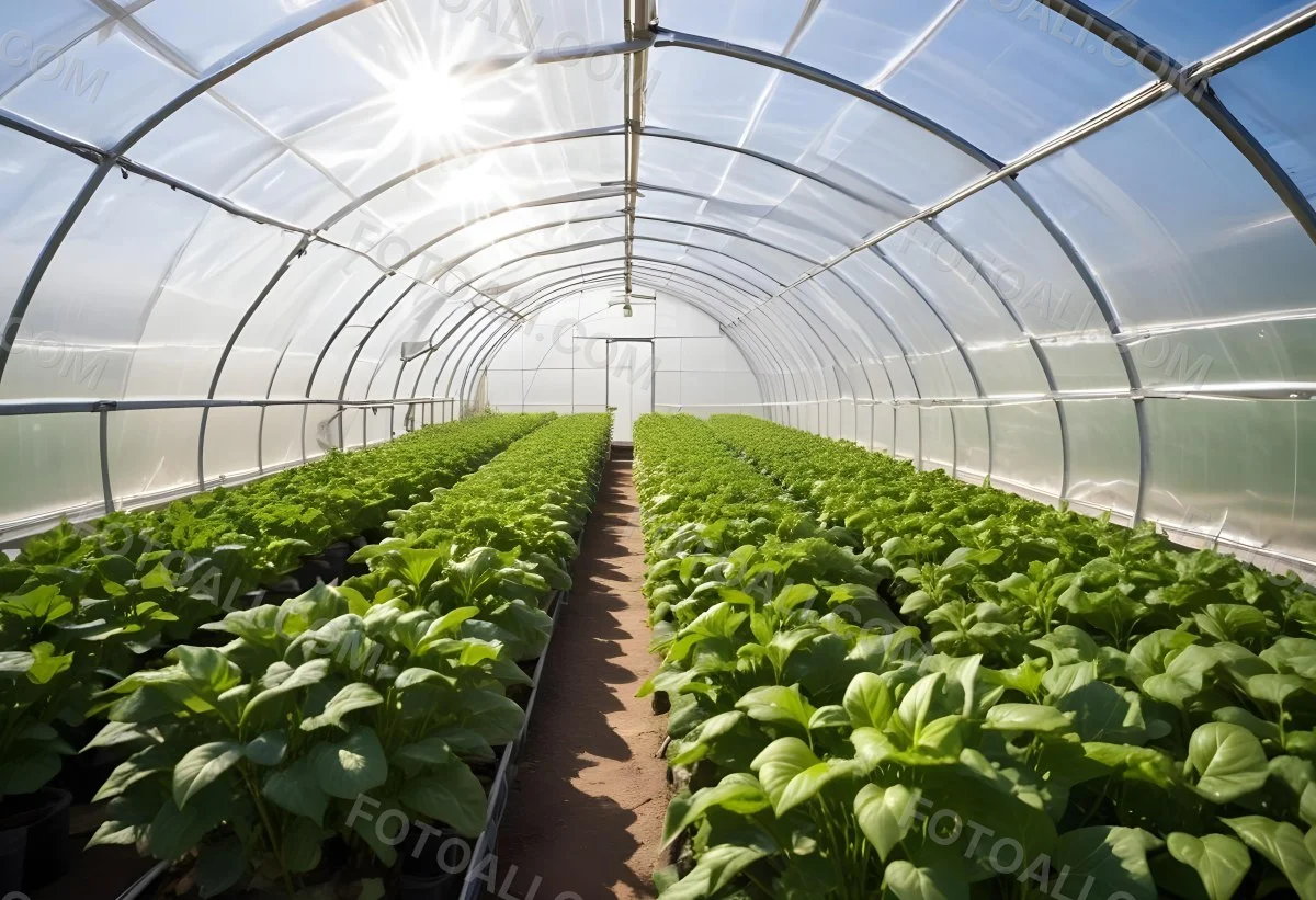 A Greenhouse With Rows Of Leafy Green Plants The Structure Is Made Of Metal Arches Covered With Translucent Plastic Bright Sunlight Filters Through The Covering 1 A9a8