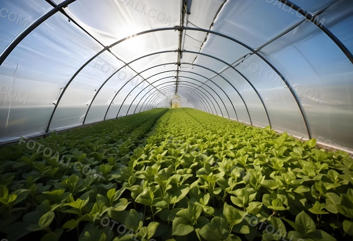 A Greenhouse With Rows Of Leafy Green Plants The Structure Is Made Of Metal Arches Covered With Translucent Plastic Bright Sunlight Filters Through The Covering 10 Cb30