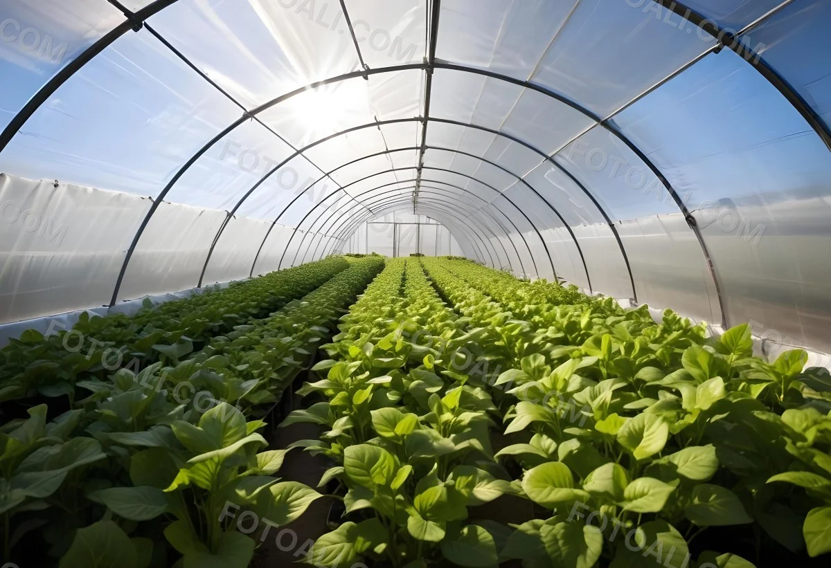 A Greenhouse With Rows Of Leafy Green Plants The Structure Is Made Of Metal Arches Covered With Translucent Plastic Bright Sunlight Filters Through The Covering 12 F2fd