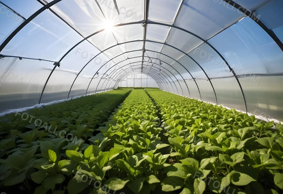 A Greenhouse With Rows Of Leafy Green Plants The Structure Is Made Of Metal Arches Covered With Translucent Plastic Bright Sunlight Filters Through The Covering 21 2668