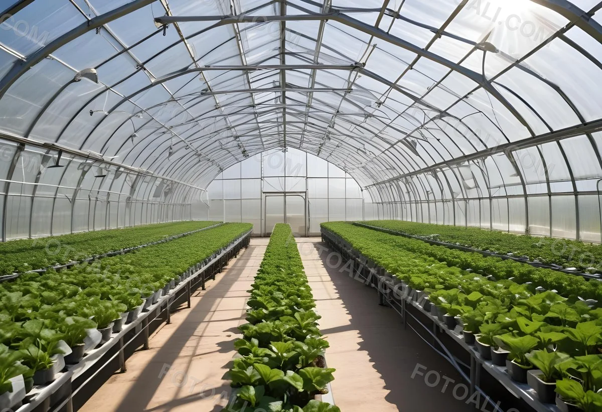 A Greenhouse With Rows Of Leafy Green Plants The Structure Is Made Of Metal Arches Covered With Translucent Plastic Bright Sunlight Filters Through The Covering 22 B39d