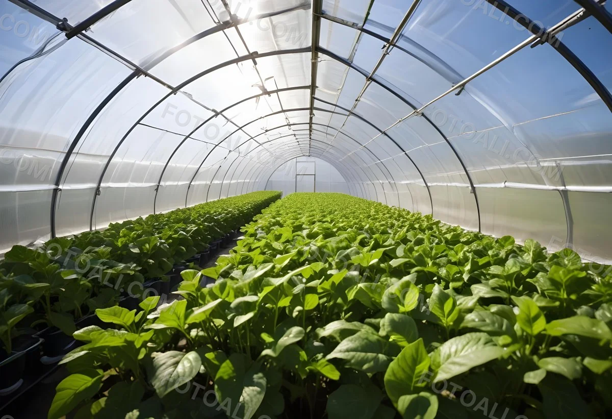 A Greenhouse With Rows Of Leafy Green Plants The Structure Is Made Of Metal Arches Covered With Translucent Plastic Bright Sunlight Filters Through The Covering 24 2a93