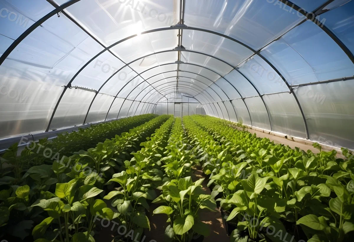 A Greenhouse With Rows Of Leafy Green Plants The Structure Is Made Of Metal Arches Covered With Translucent Plastic Bright Sunlight Filters Through The Covering 25 53bf