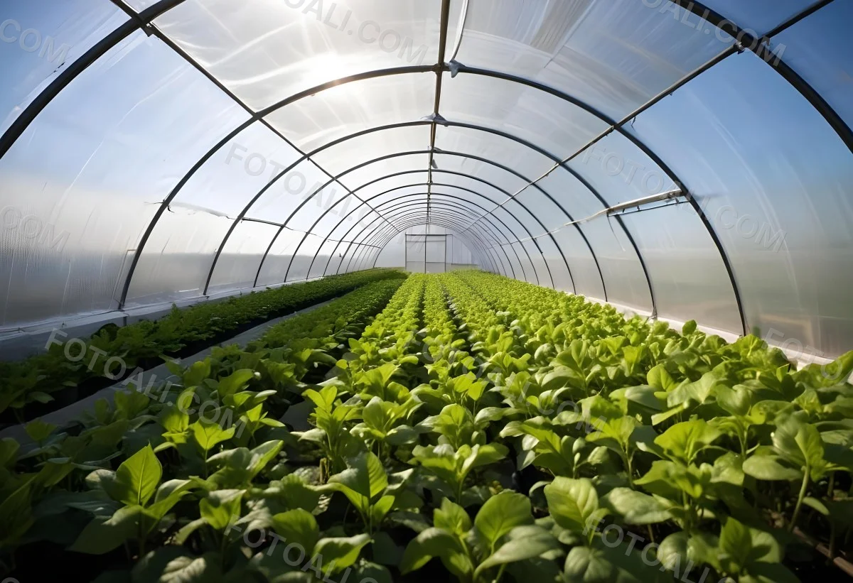 A Greenhouse With Rows Of Leafy Green Plants The Structure Is Made Of Metal Arches Covered With Translucent Plastic Bright Sunlight Filters Through The Covering 3 A097