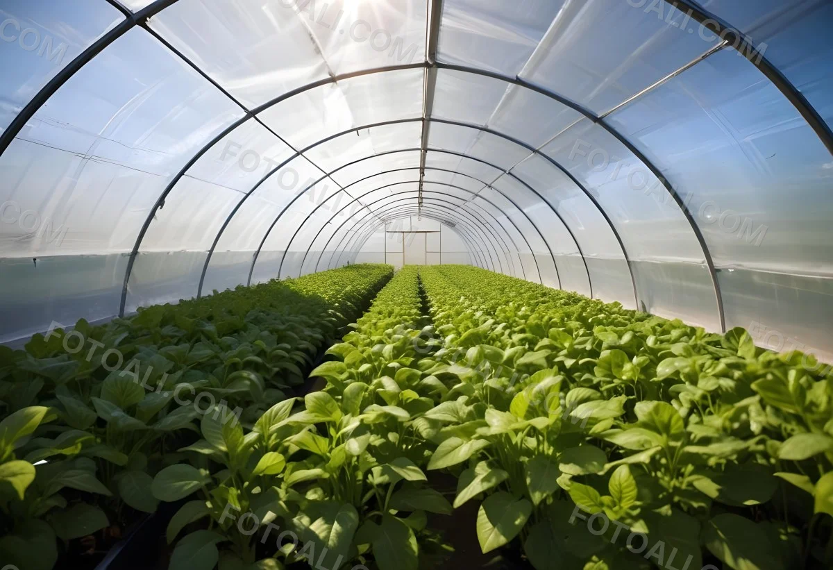A Greenhouse With Rows Of Leafy Green Plants The Structure Is Made Of Metal Arches Covered With Translucent Plastic Bright Sunlight Filters Through The Covering 4 3d2b