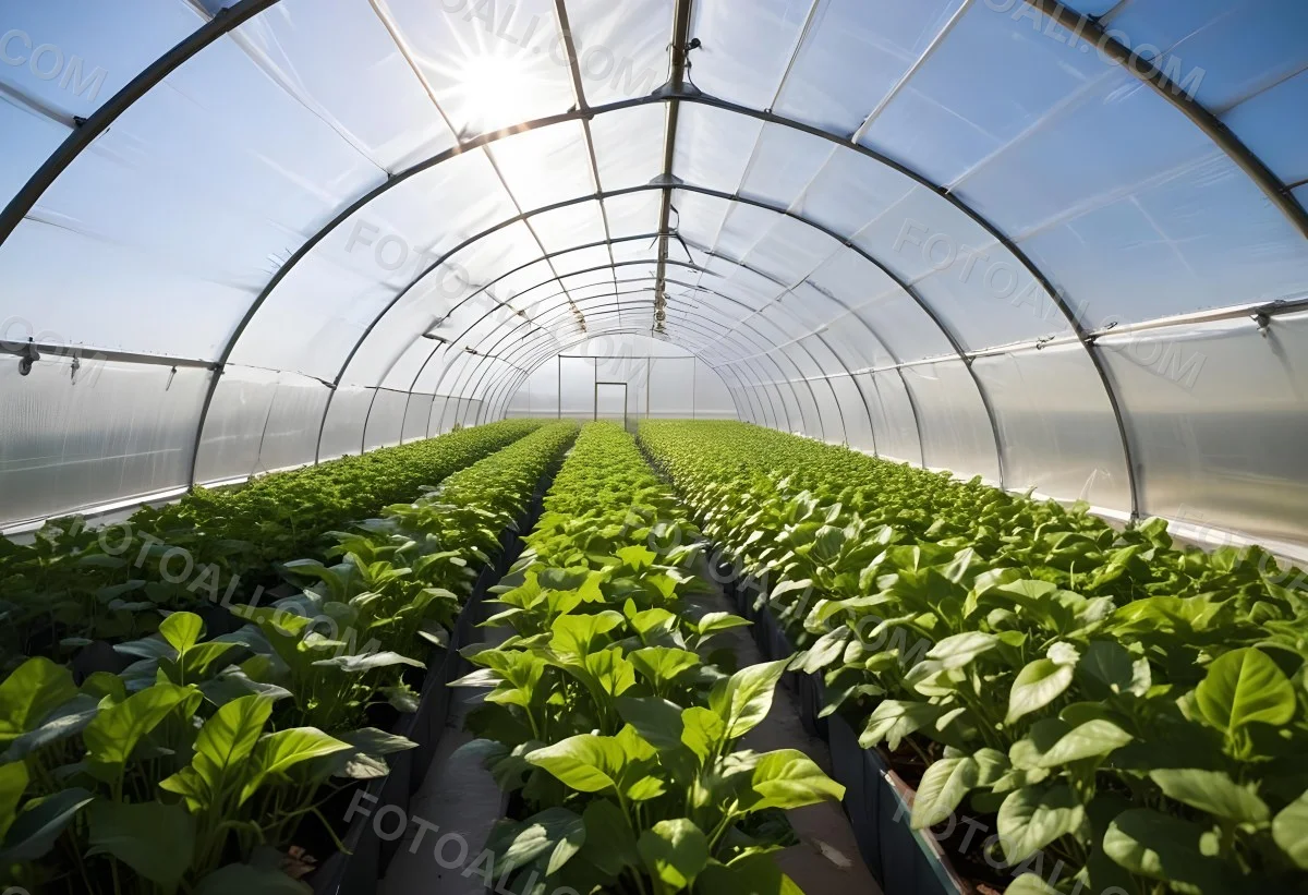 A Greenhouse With Rows Of Leafy Green Plants The Structure Is Made Of Metal Arches Covered With Translucent Plastic Bright Sunlight Filters Through The Covering 6 370b