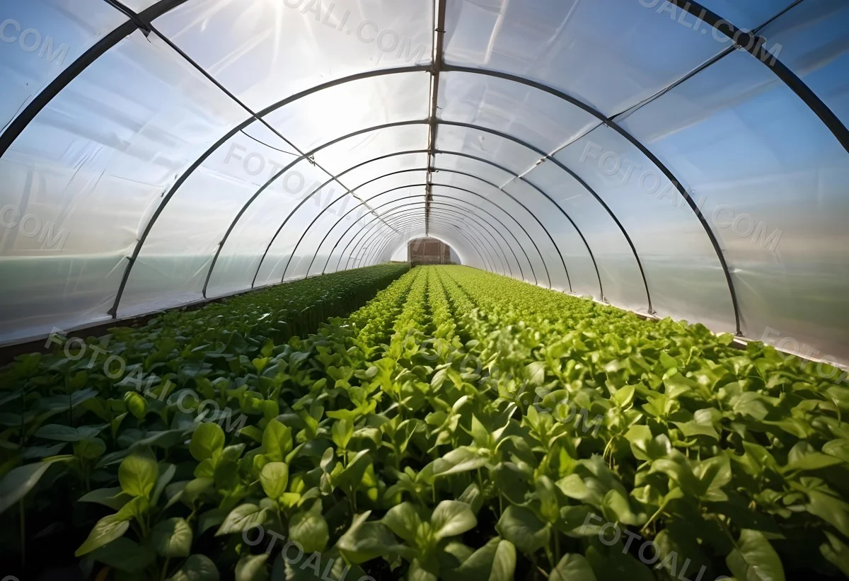 A Greenhouse With Rows Of Leafy Green Plants The Structure Is Made Of Metal Arches Covered With Translucent Plastic Bright Sunlight Filters Through The Covering 8 0fef