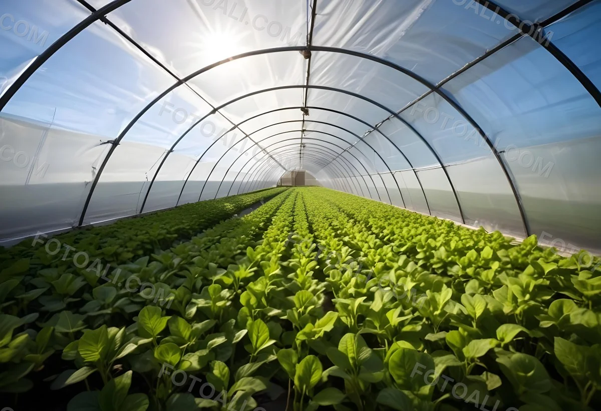 A Greenhouse With Rows Of Leafy Green Plants The Structure Is Made Of Metal Arches Covered With Translucent Plastic Bright Sunlight Filters Through The Covering 9 C3c6