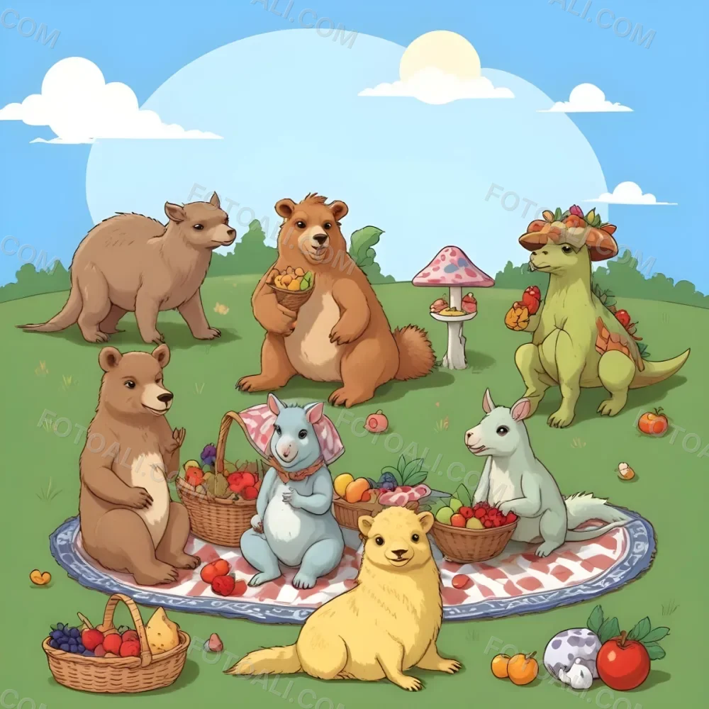 A Group Of Cartoon Animals Having A Picnic On A Blanket Including A Bear A Mouse A Llama And Two Dinosaurs With A Basket Of Fruit And Mushrooms In A Park 81 87d9