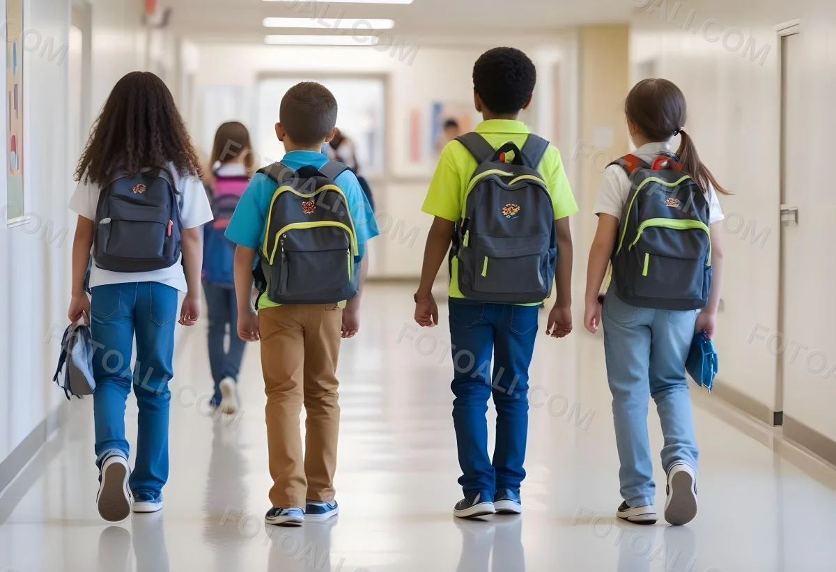 A Group Of Elementary School Students Walking Down A School Hallway Carrying Backpacks The Students Appear To Be A Mix Of Races With Both Boys And Girls And Are Wearing Casual Clothing Like Jeans And T Shirts 1 F129