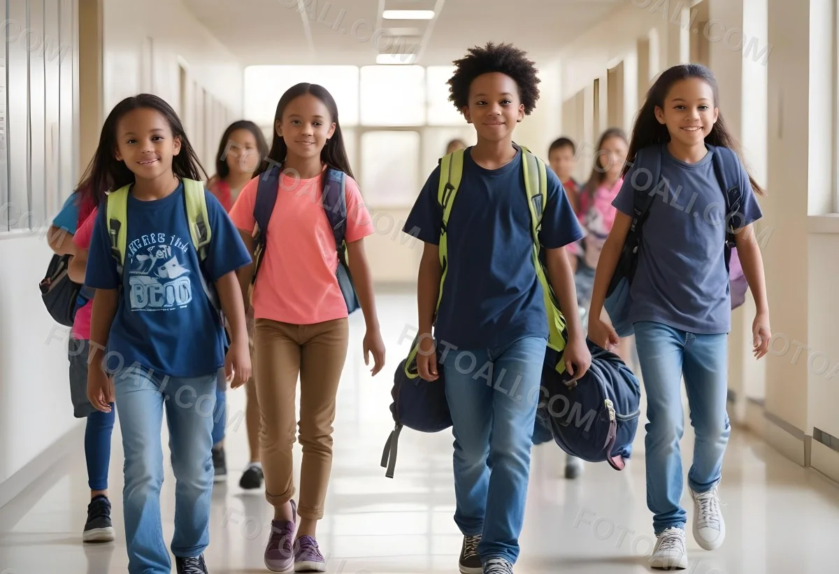 A Group Of Elementary School Students Walking Down A School Hallway Carrying Backpacks The Students Appear To Be A Mix Of Races With Both Boys And Girls And Are Wearing Casual Clothing Like Jeans And T Shirts 10 Edb4
