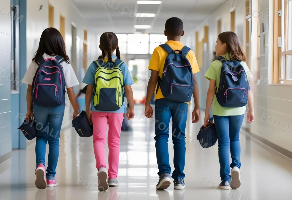 A Group Of Elementary School Students Walking Down A School Hallway Carrying Backpacks The Students Appear To Be A Mix Of Races With Both Boys And Girls And Are Wearing Casual Clothing Like Jeans And T Shirts 3 0d78