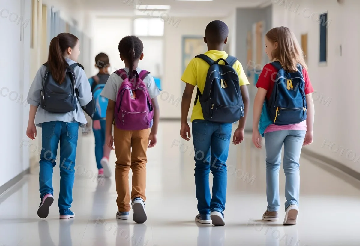A Group Of Elementary School Students Walking Down A School Hallway Carrying Backpacks The Students Appear To Be A Mix Of Races With Both Boys And Girls And Are Wearing Casual Clothing Like Jeans And T Shirts 4 C73c