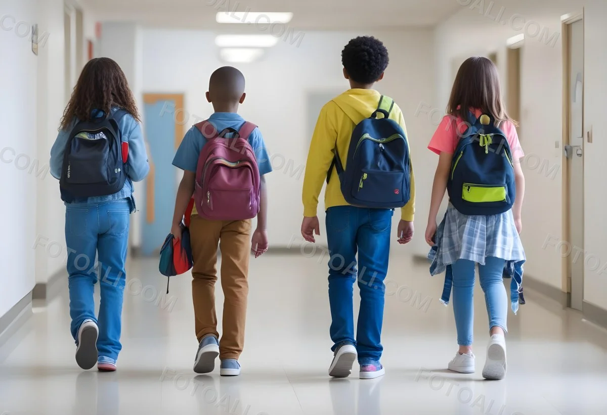 A Group Of Elementary School Students Walking Down A School Hallway Carrying Backpacks The Students Appear To Be A Mix Of Races With Both Boys And Girls And Are Wearing Casual Clothing Like Jeans And T Shirts 6 A74e