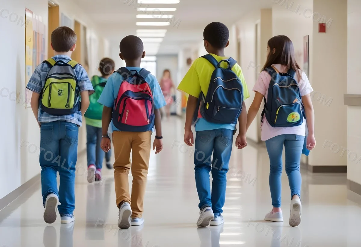 A Group Of Elementary School Students Walking Down A School Hallway Carrying Backpacks The Students Appear To Be A Mix Of Races With Both Boys And Girls And Are Wearing Casual Clothing Like Jeans And T Shirts 7 52b1