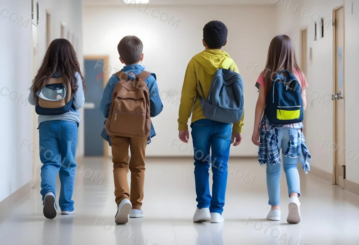 A Group Of Elementary School Students Walking Down A School Hallway Carrying Backpacks The Students Appear To Be A Mix Of Races With Both Boys And Girls And Are Wearing Casual Clothing Like Jeans And T Shirts 8 C77a