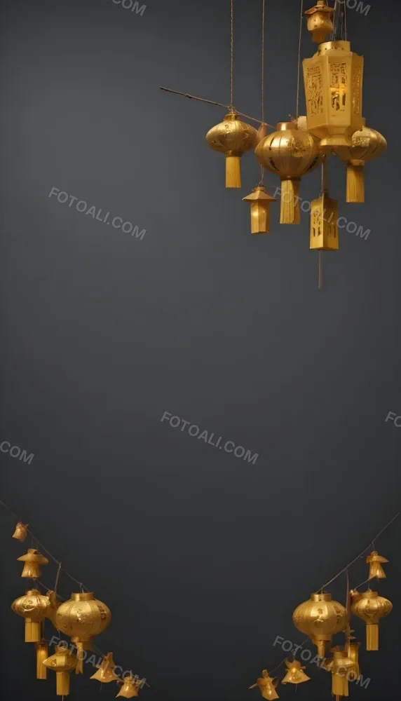 A Group Of Golden Lanterns Hanging Against A Dark Background 10 143a