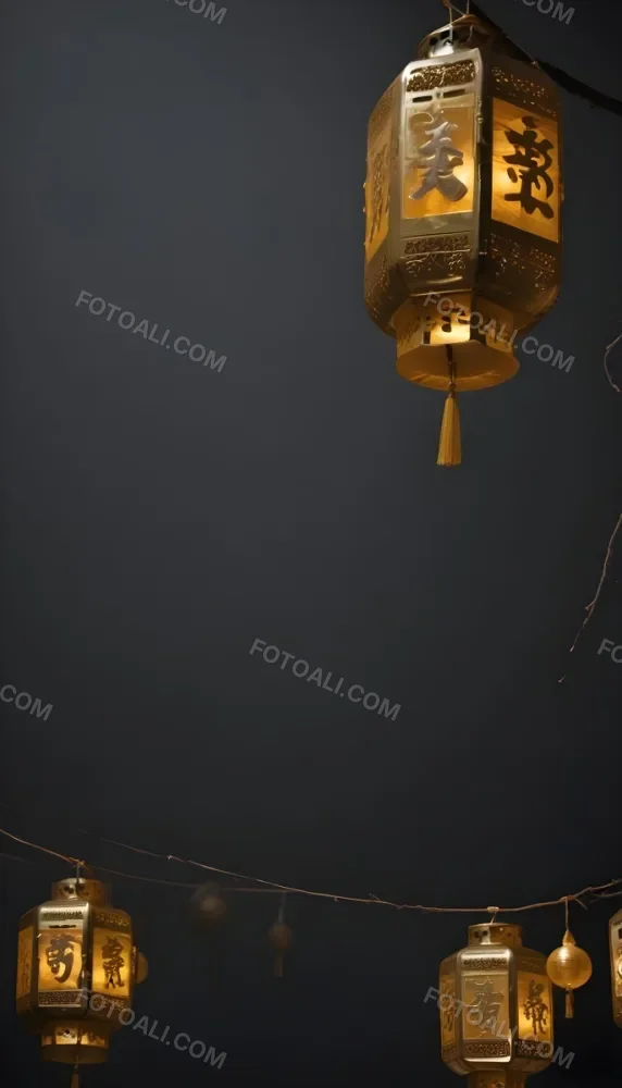 A Group Of Golden Lanterns Hanging Against A Dark Background 11 5762