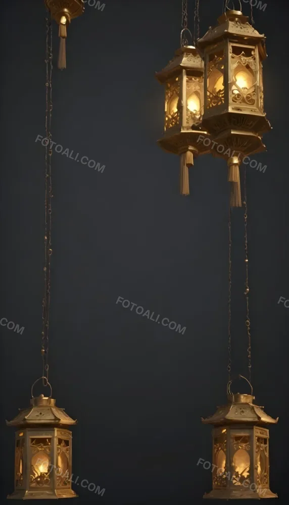 A Group Of Golden Lanterns Hanging Against A Dark Background 5 Be73