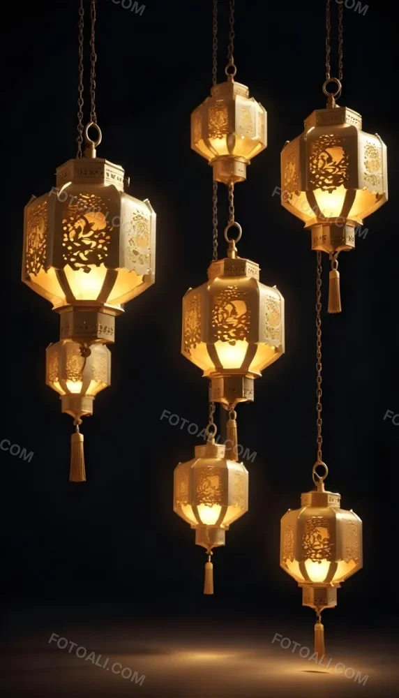 A Group Of Golden Lanterns Hanging Against A Dark Background 6 62bf