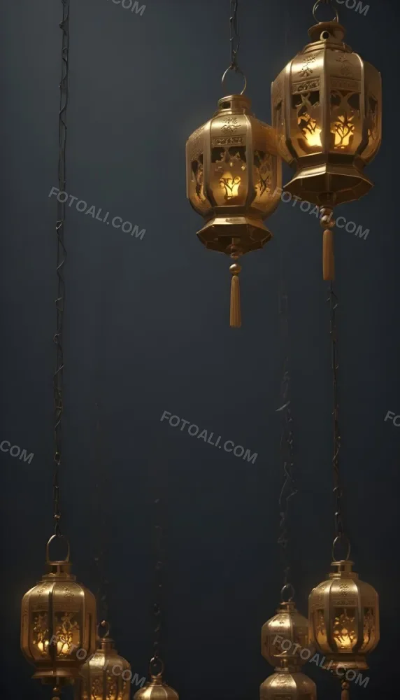 A Group Of Golden Lanterns Hanging Against A Dark Background 7 A4c2