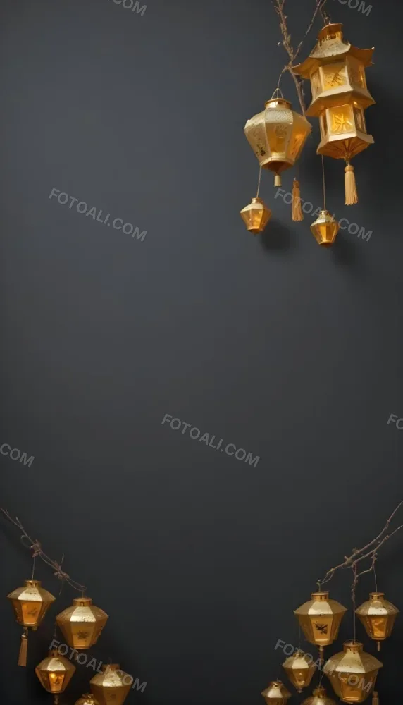 A Group Of Golden Lanterns Hanging Against A Dark Background 9 8fff