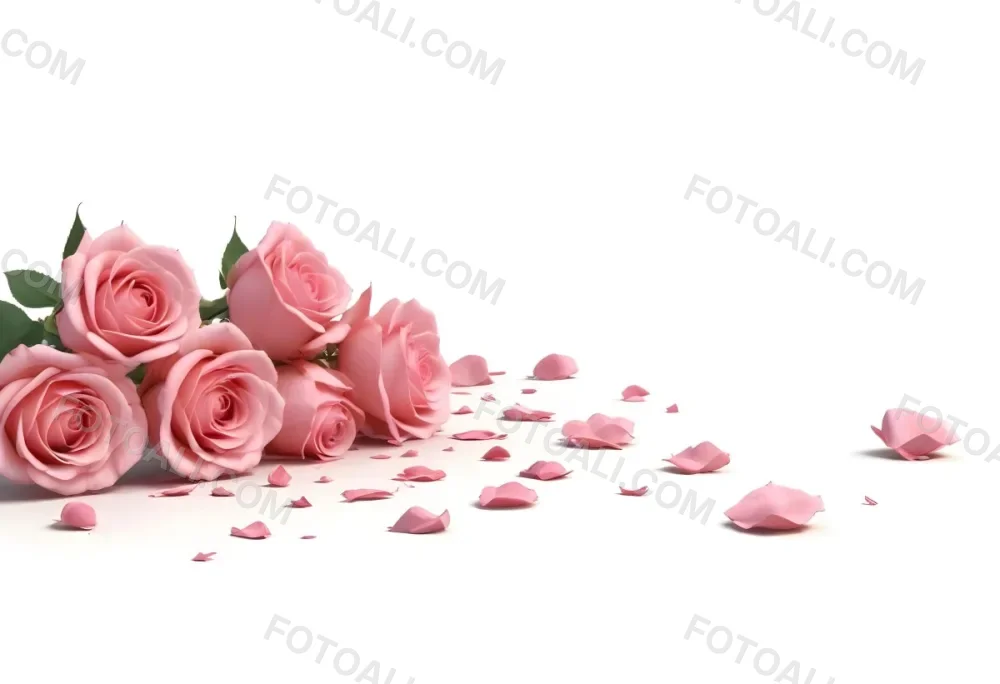 A Group Of Pink Roses With Some Petals Scattered Around On A White Background 10 96b3