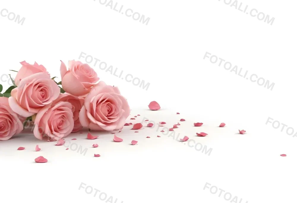 A Group Of Pink Roses With Some Petals Scattered Around On A White Background 23 649b
