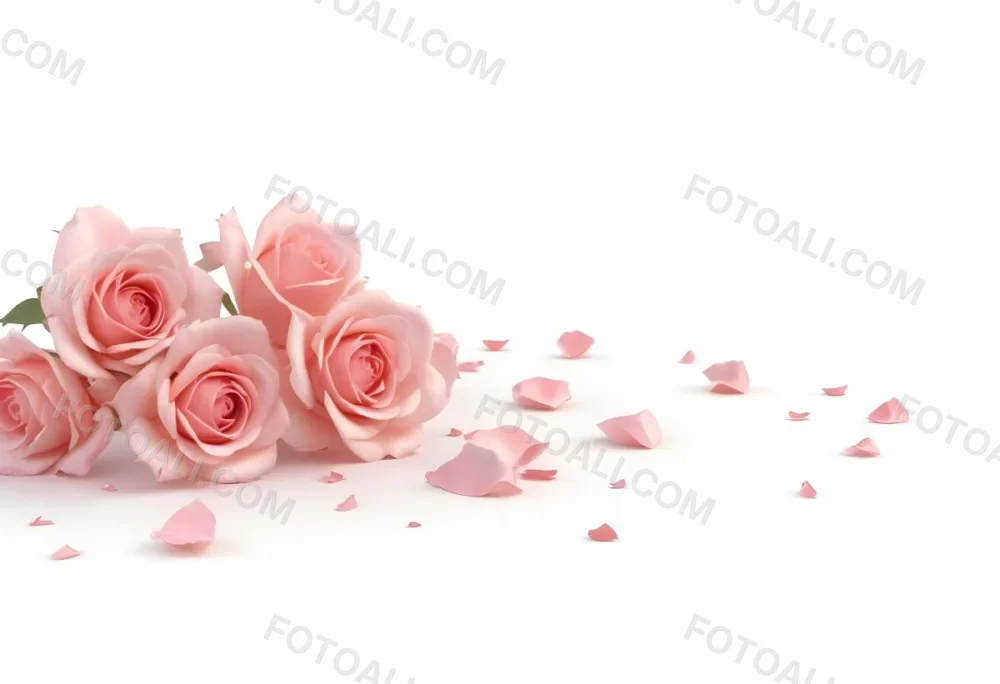 A Group Of Pink Roses With Some Petals Scattered Around On A White Background 37 3e94