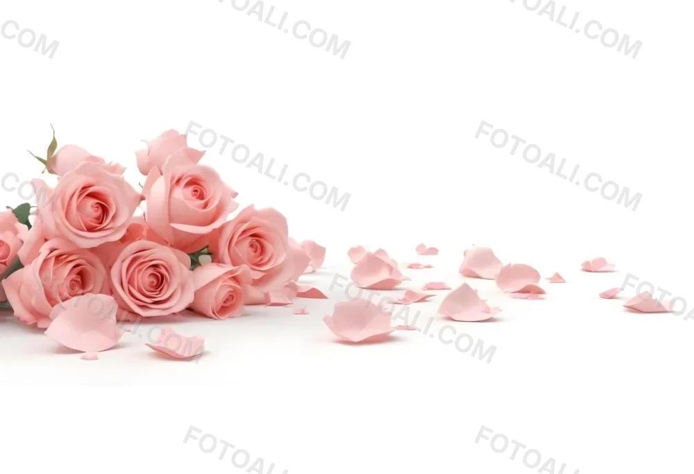 A Group Of Pink Roses With Some Petals Scattered Around On A White Background 39 Ae6c