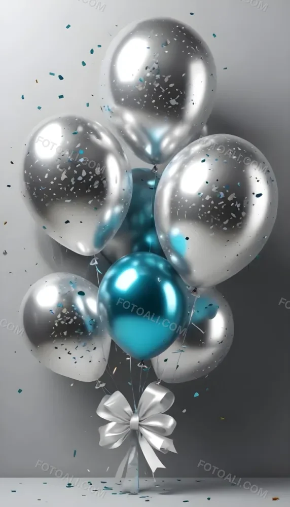 A Group Of Silver And Teal Balloons With Confetti Inside Floating Against A Gray Background 12 Ed65