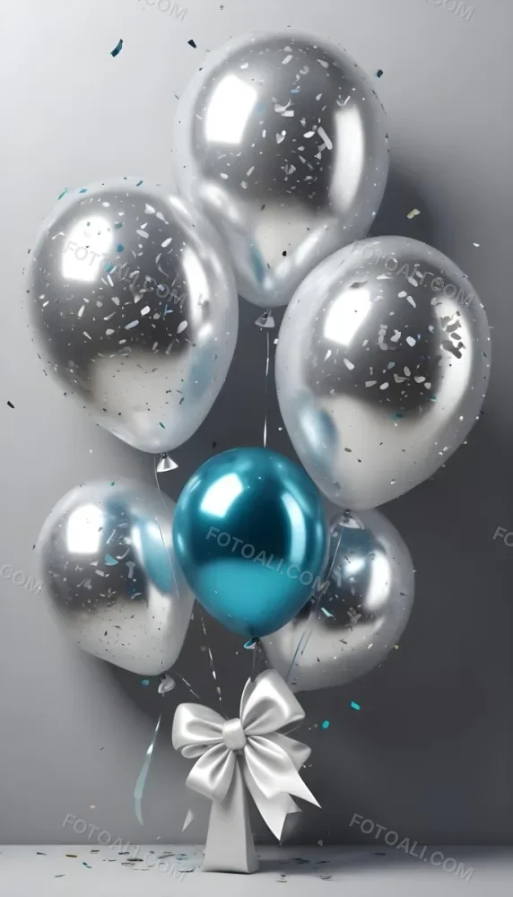A Group Of Silver And Teal Balloons With Confetti Inside Floating Against A Gray Background 28 Ca09