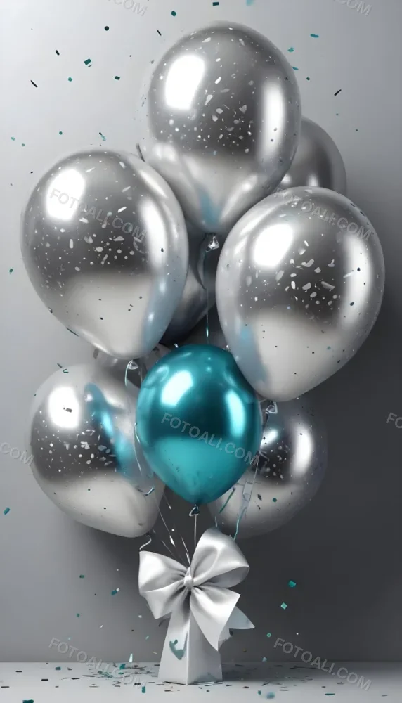 A Group Of Silver And Teal Balloons With Confetti Inside Floating Against A Gray Background 37 E894