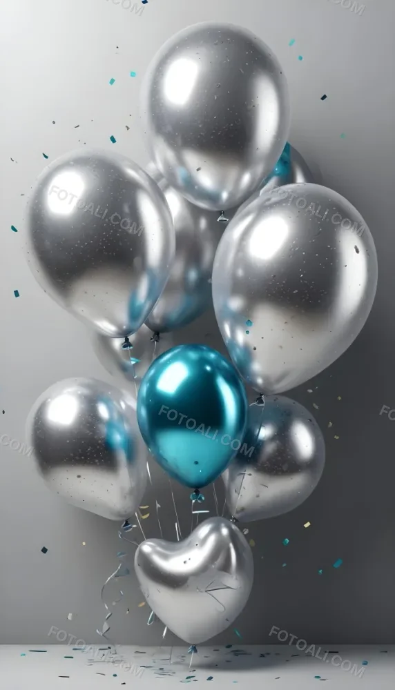 A Group Of Silver And Teal Balloons With Confetti Inside Floating Against A Gray Background 40 E758