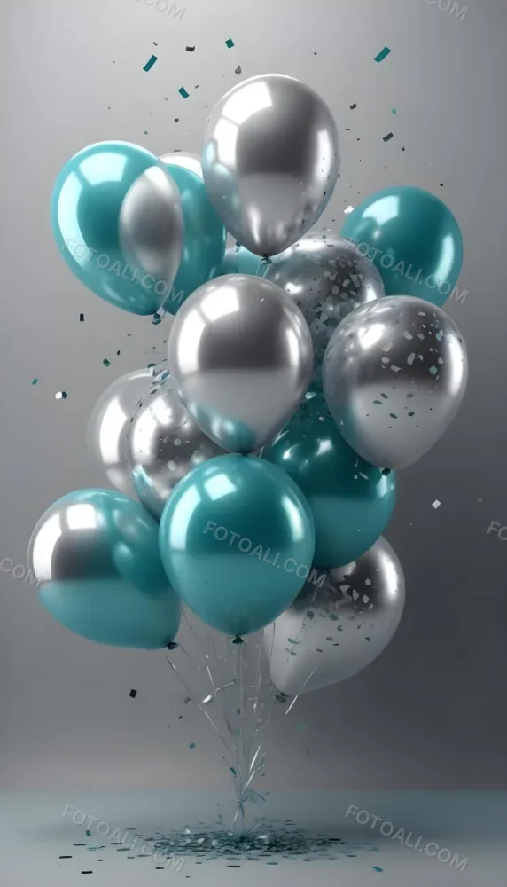 A Group Of Silver And Teal Balloons With Confetti Inside Floating Against A Gray Background 45 324b