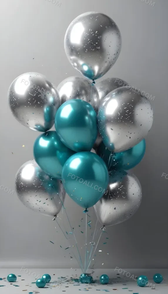 A Group Of Silver And Teal Balloons With Confetti Inside Floating Against A Gray Background 47 F55b