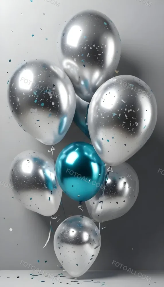 A Group Of Silver And Teal Balloons With Confetti Inside Floating Against A Gray Background 5 Cdd3