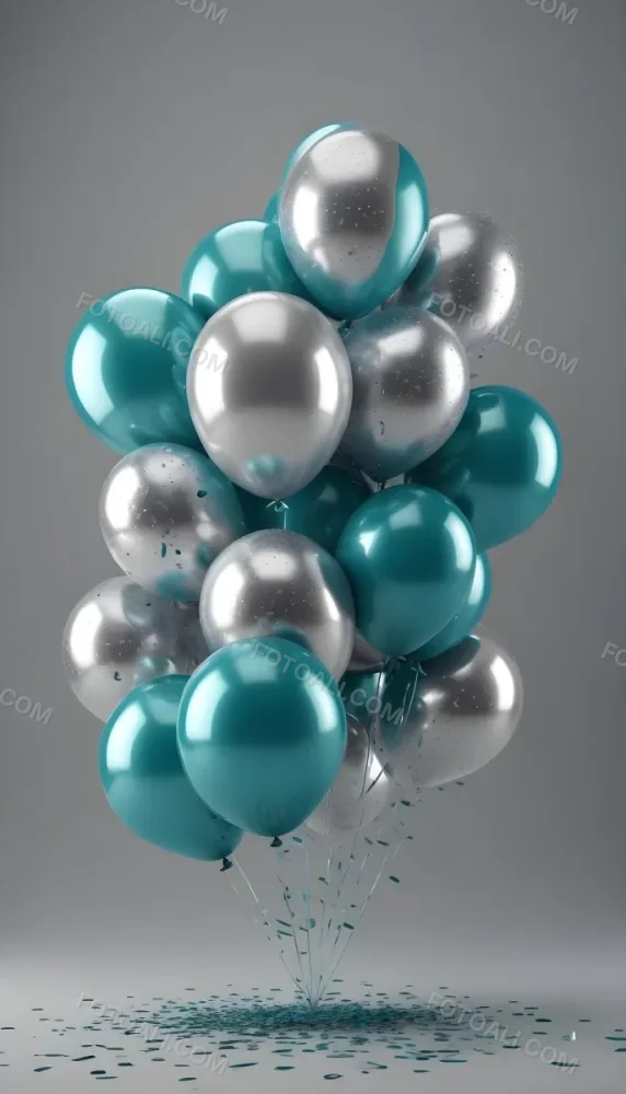 A Group Of Silver And Teal Balloons With Confetti Inside Floating Against A Gray Background 52 9e28