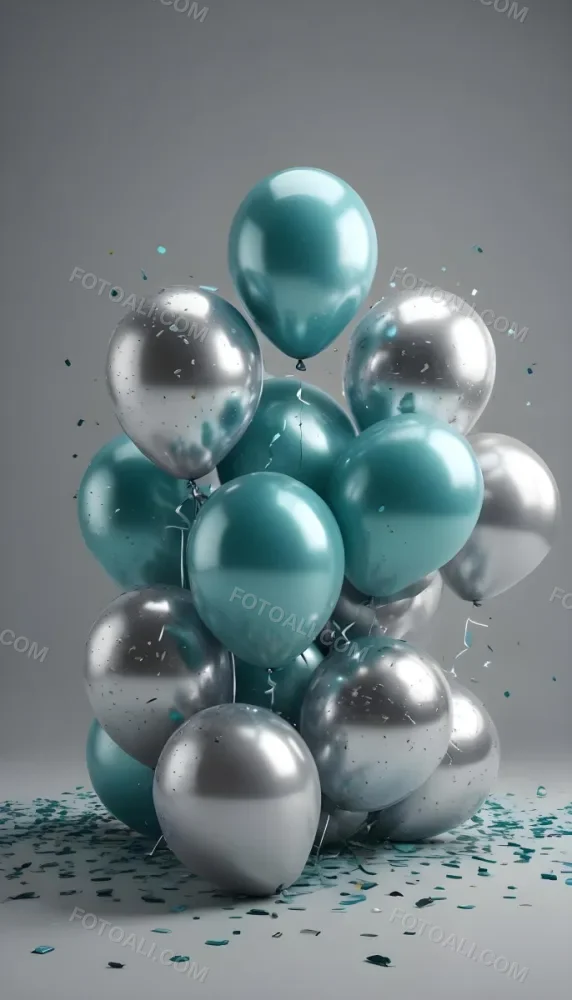 A Group Of Silver And Teal Balloons With Confetti Inside Floating Against A Gray Background 57 B914