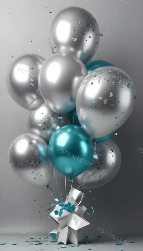 A Group Of Silver And Teal Balloons With Confetti Inside Floating Against A Gray Background 65 2525