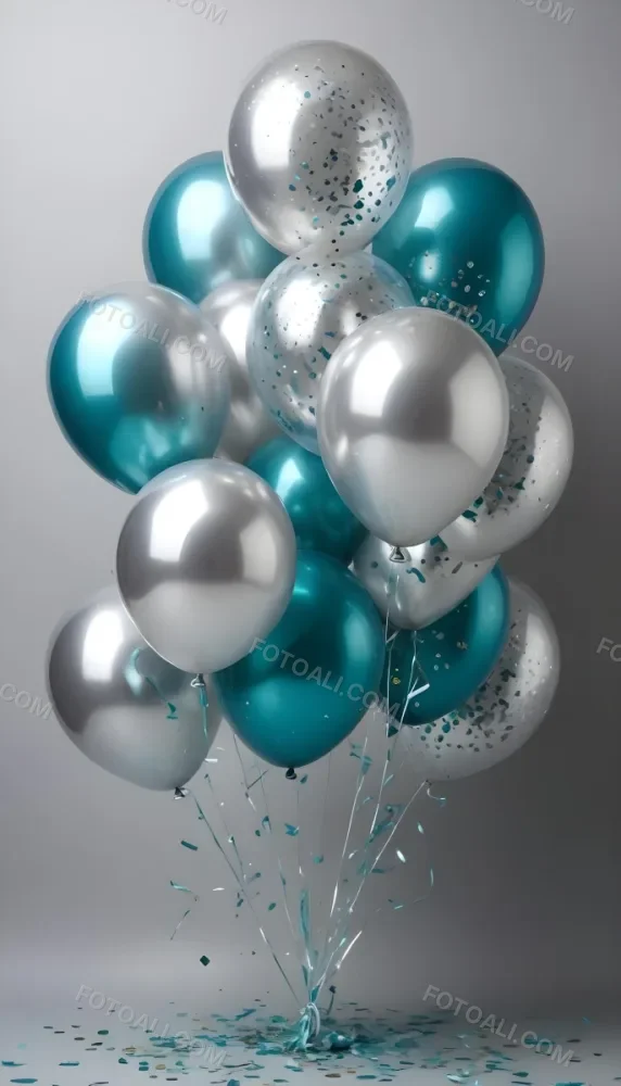 A Group Of Silver And Teal Balloons With Confetti Inside Floating Against A Gray Background 78 821f