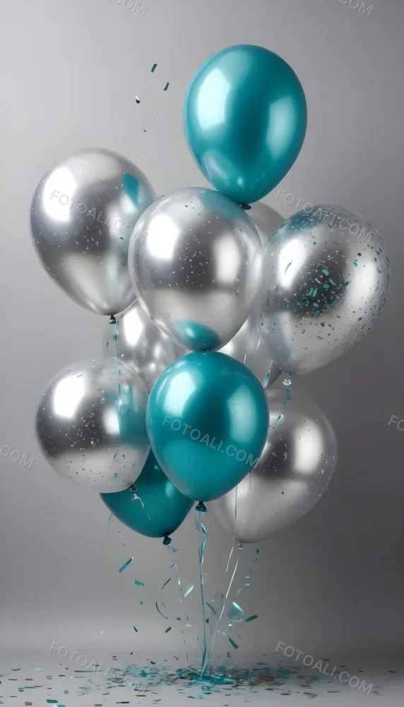 A Group Of Silver And Teal Balloons With Confetti Inside Floating Against A Gray Background 81 71e6