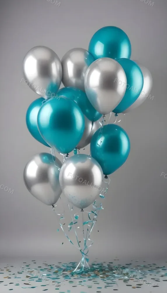A Group Of Silver And Teal Balloons With Confetti Inside Floating Against A Gray Background 82 7c49