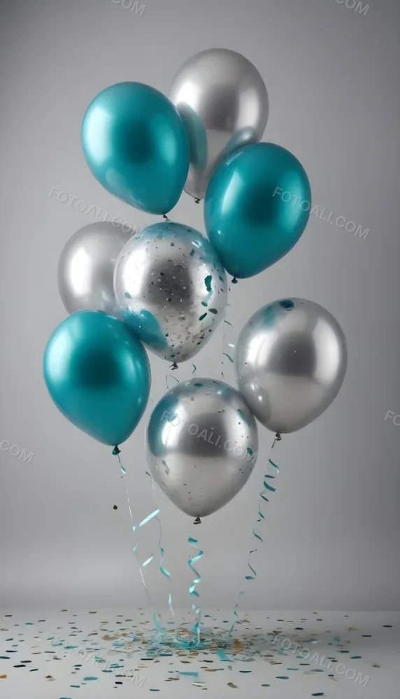 A Group Of Silver And Teal Balloons With Confetti Inside Floating Against A Gray Background 86 Ce4a