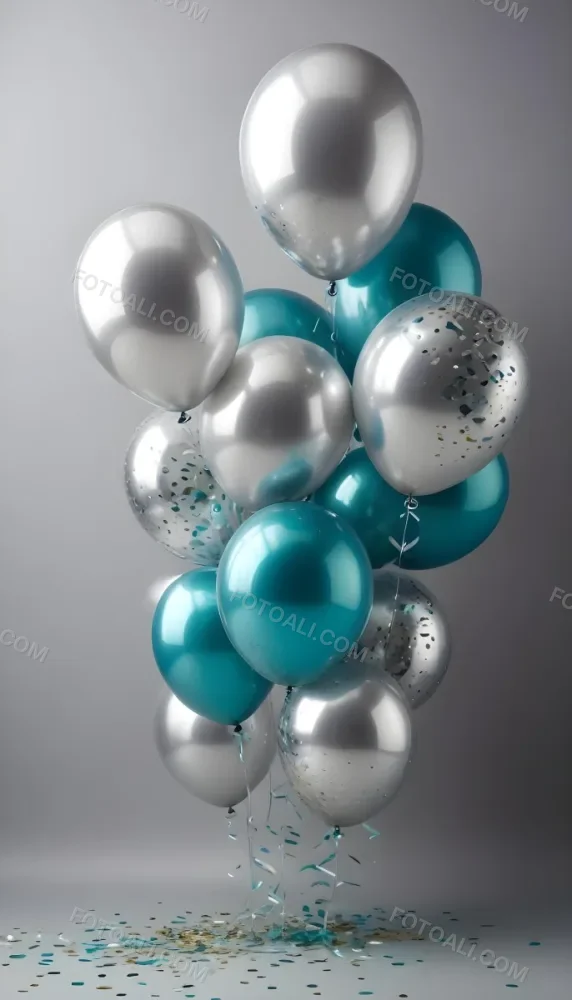 A Group Of Silver And Teal Balloons With Confetti Inside Floating Against A Gray Background 87 193f