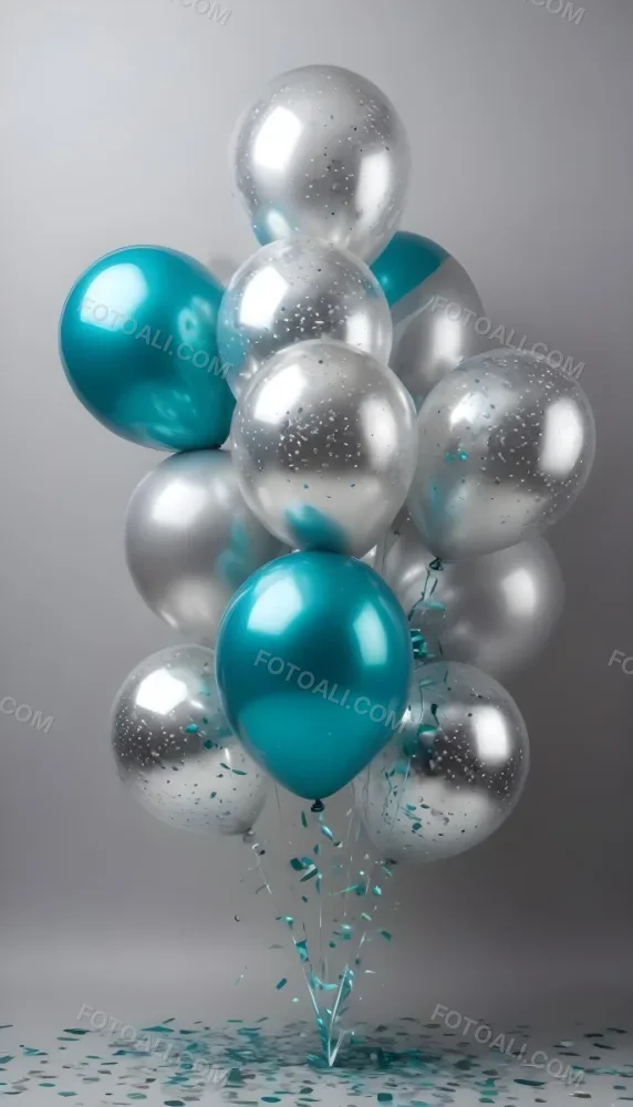 A Group Of Silver And Teal Balloons With Confetti Inside Floating Against A Gray Background 88 3fdf