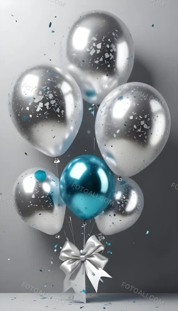 A Group Of Silver And Teal Balloons With Confetti Inside Floating Against A Gray Background 9 2158